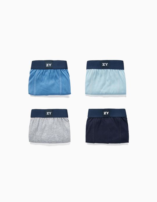 4 Plain Boxer Shorts for Boys, Blue/Grey