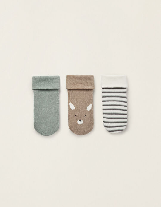 Pack of 3 Pairs of Newborn Socks, Brown/White/Green