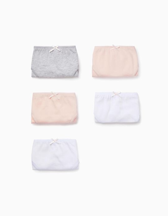 5-Pack Plain Cotton Briefs for Girls, Pink/White/Grey