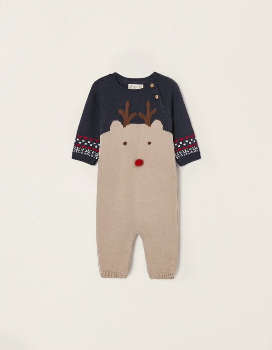 Knit Onesie for Newborn Babies 'Reindeer', Dark Blue/Beige