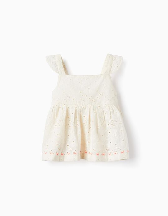 Cotton Top with Broderie Anglaise for Baby Girls, White