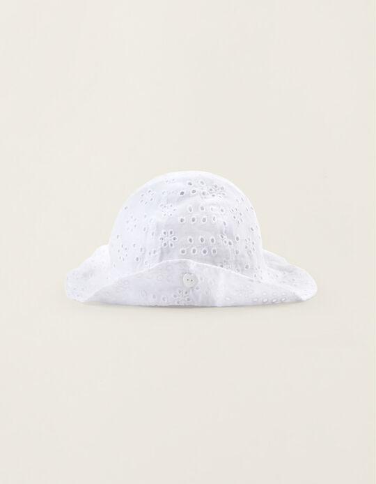 Hat with Broderie Anglaise for Baby Girls, White