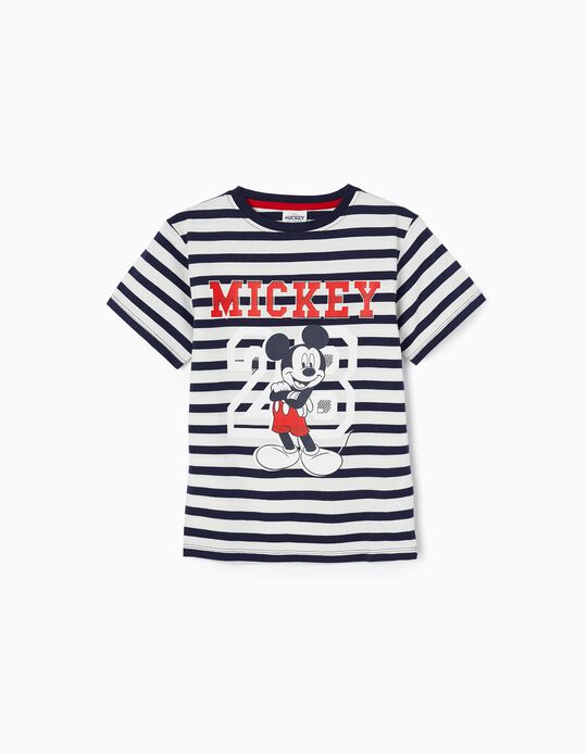 T-shirt às Riscas para Menino 'Mickey', Branco/Azul Escuro
