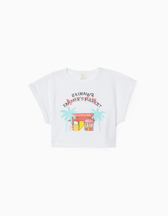Cropped T-Shirt for Girls 'Tropical', White