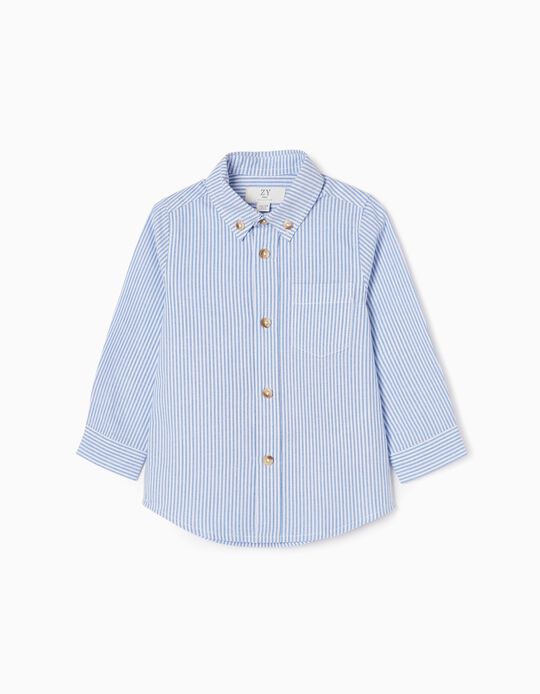 Camisa de Manga Larga de Algodón para Bebé Niño, Azul/Blanco