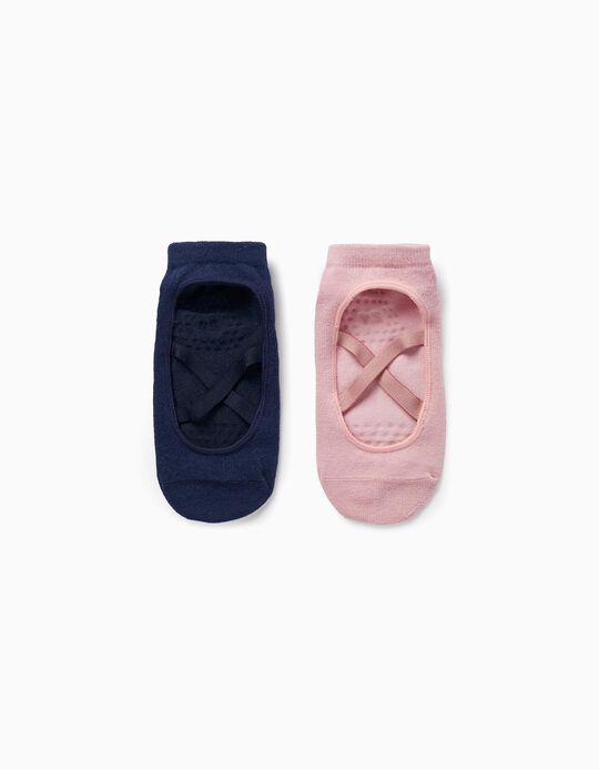 Pack of 2 Pairs of Non-Slip Yoga Socks for Girls, Pink/Blue