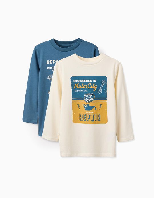 Buy Online Pack of 2 Long Sleeve T-shirts for Boys 'Motor', White/Turquoise