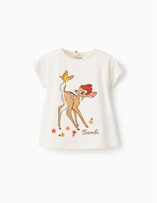 Camiseta de Algodón con Bordados para Bebé Niña 'Bambi', Blanco
