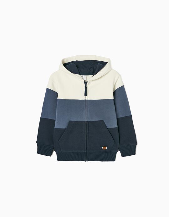 Cotton Hooded Jacket for Boys, White/Blue