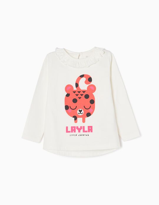 Long Sleeve Cotton T-shirt for Baby Girls 'Cheetah', White