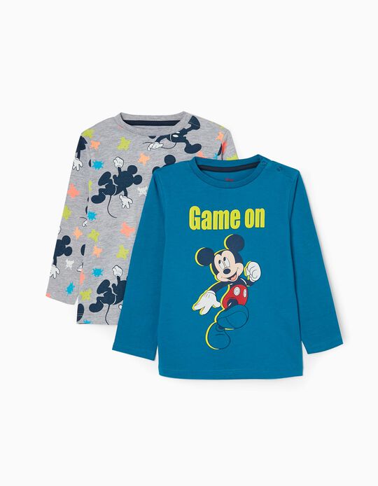 2 T-Shirts de Manga Comprida para Bebé Menino 'Mickey Game On', Azul/Cinza