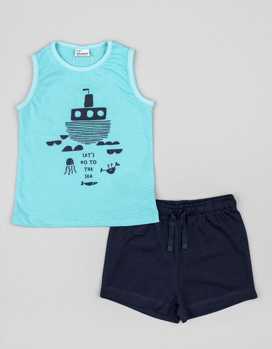 Comprar Online T-shirt + Calções de Algodão para Bebé Menino 'Navio', Azul/Turquesa