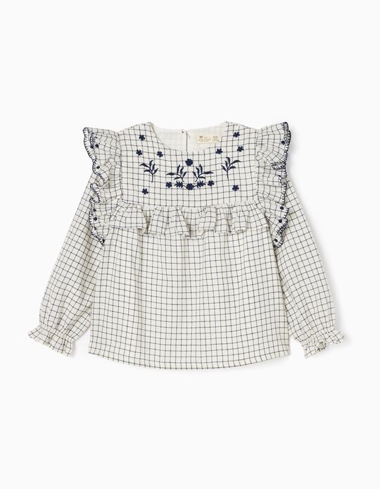 Plaid Cotton Blouse with Embroidery for Girls, White/Dark Blue
