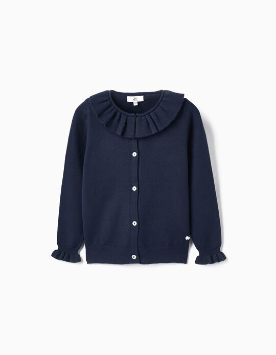 Knitted Cardigan with Ruffles for Girls, Dark Blue