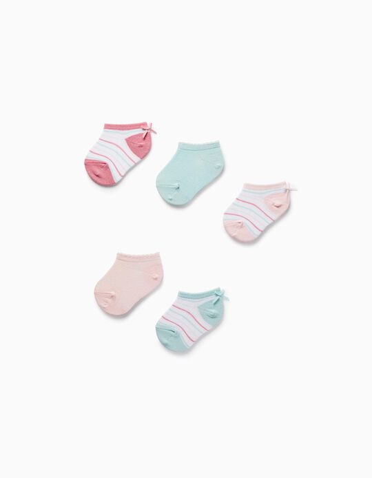 Pack 5 Pairs of Striped Socks for Baby Girls, Pink/Aqua Green