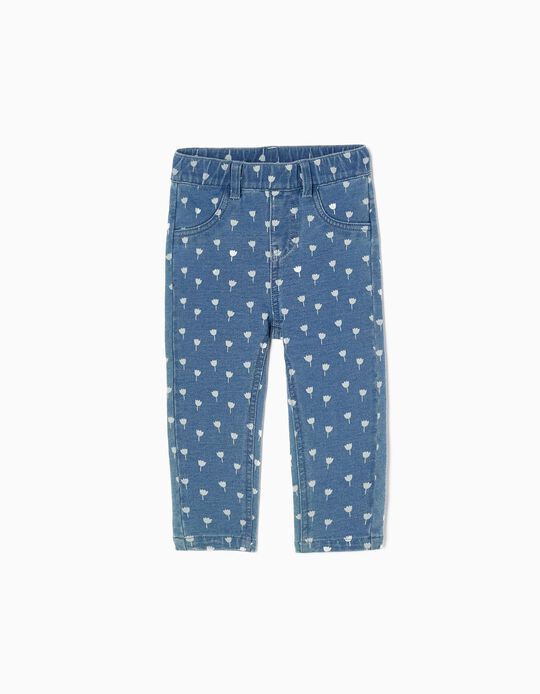 Cotton Jeggings with Flowers for Baby Girls, Blue