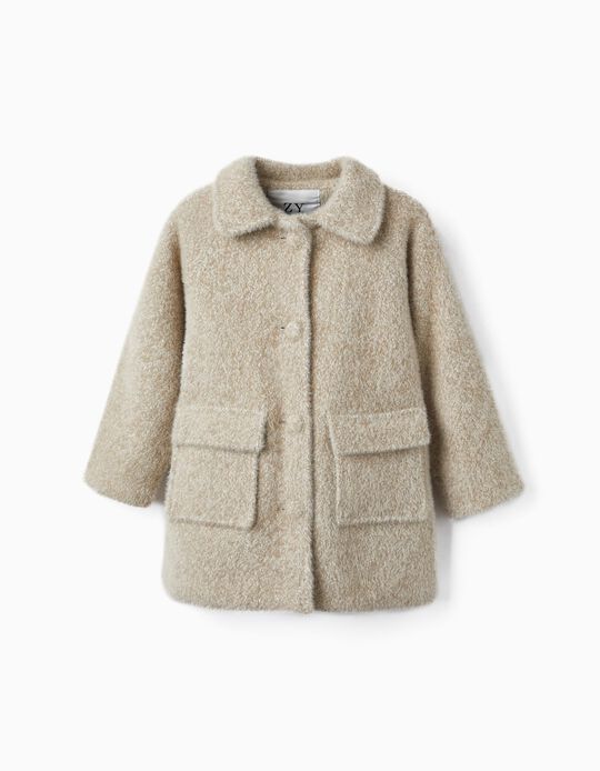 Fur Coat with Pockets for Girl, Light Beige