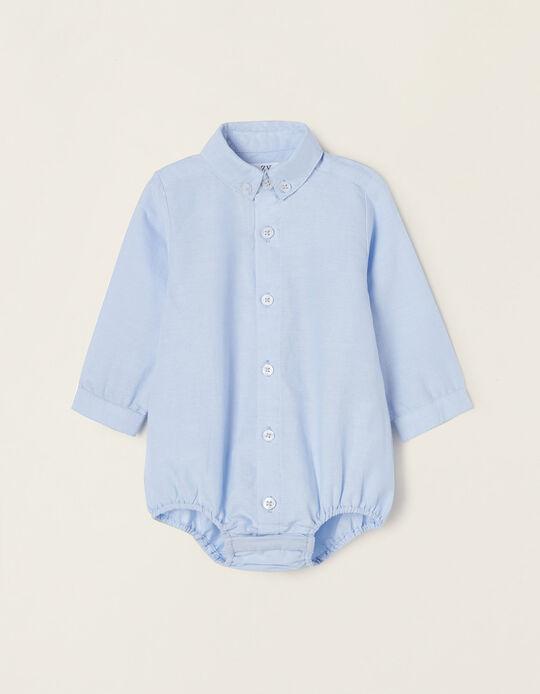 Cotton Shirt-Bodysuit in Oxford Fabric for Newborn Baby Boys, Blue