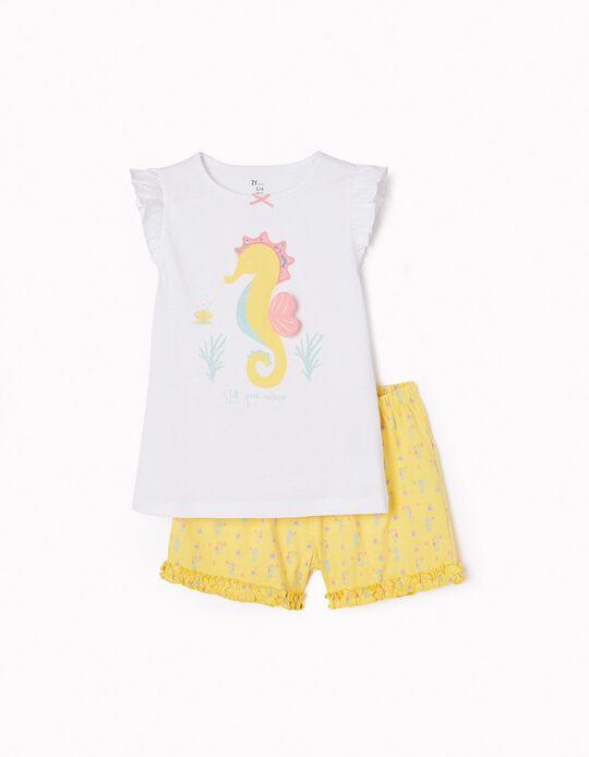 Pijama de Algodão para Menina 'Cavalo Marinho', Branco/Amarelo