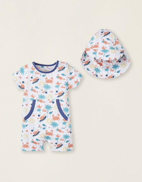 Hat + Jumpsuit for Newborns Boys 'Crabs', White/Blue