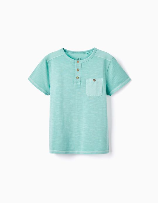 Cotton T-shirt with Pocket for Boys, Aqua Green