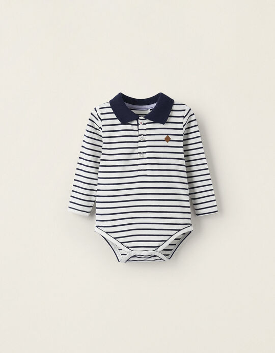 Striped Cotton Polo Bodysuit for Newborn Boys, White/Dark Blue