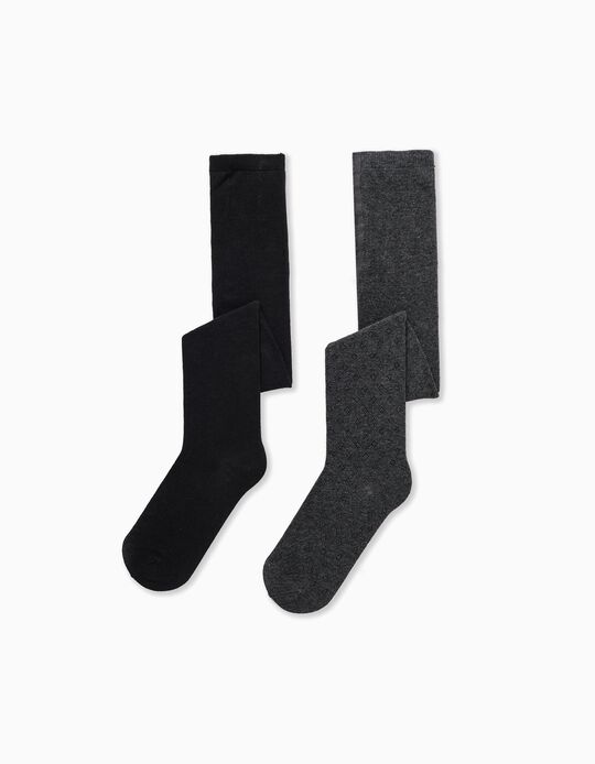 Pack of 2 Knitted Tights for Girls, Black/Dark Grey
