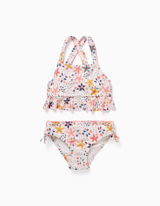 UPF80 Bikini with Floral Motif for Girls, White/Pink