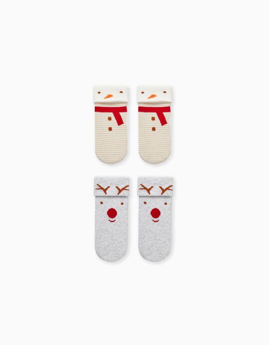 Pack of 2 pairs of Non-slip Socks for Baby Girls, Grey/White
