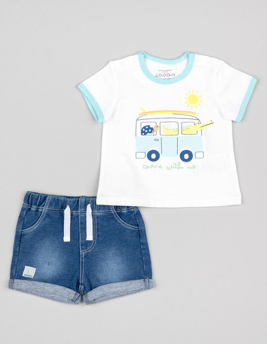 Comprar Online T-shirt + Calções para Recém-Nascido 'Autocarro', Branco/Azul
