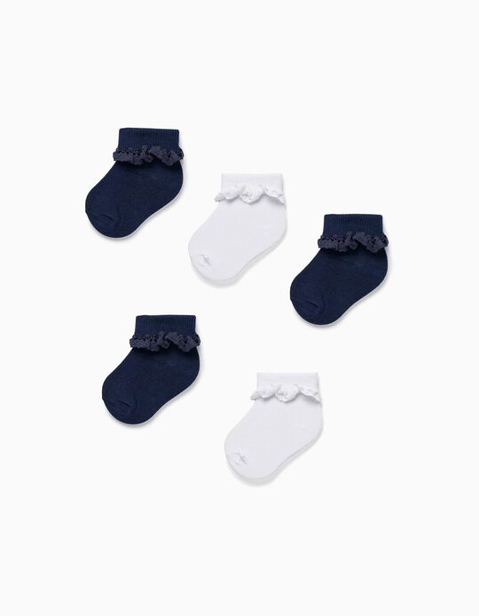 Pack 5 Pairs of Socks with Lace for Baby Girls, White/Dark Blue