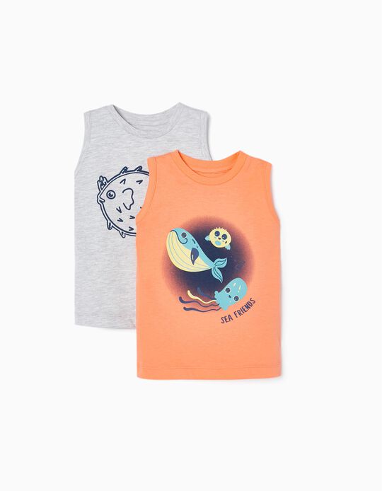 Comprar Online Pack 2 T-shirt de Manga Cava para Bebé Menino 'Peixes', Cinza/Laranja