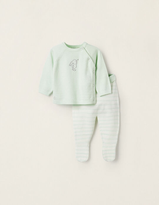 Cardigan + Knitted Trousers with Feet for Newborn Girls 'Bunny', Green/White