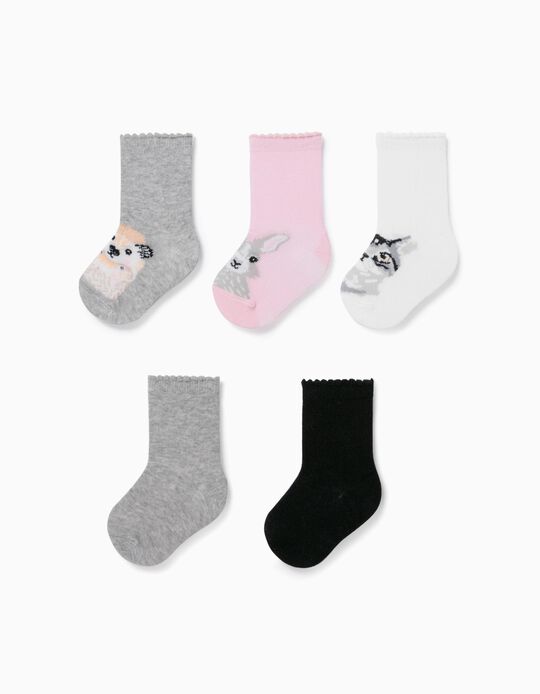 5 Pairs of Socks for Baby Girls, 'Cute Animals', Multicoloured