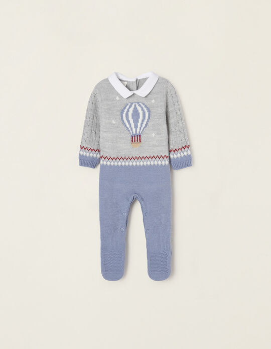 Knitted Jumpsuit for Newborn Baby Boys 'Hot Air Balloon', Grey/Blue