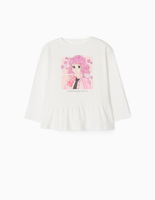 T-Shirt Manches Longues Fille 'Strawberry', Blanc