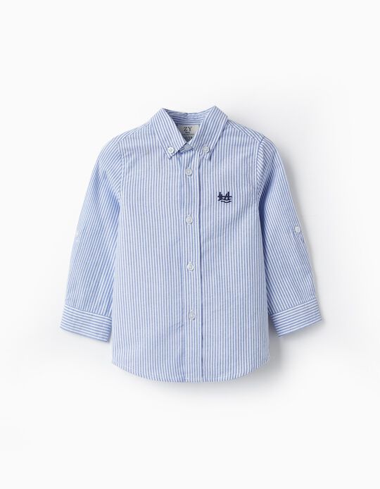 Camisa de Algodão às Riscas para Bebé Menino, Branco/Azul