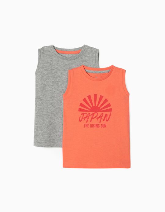 2 Sleeveless T-Shirts for Baby Boys 'Japan', Coral/Grey