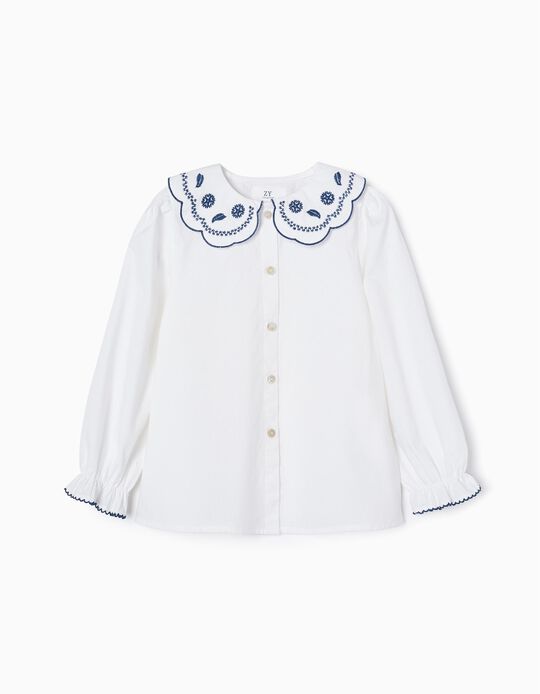 Cotton Shirt with Embroidery for Girls, White/Blue
