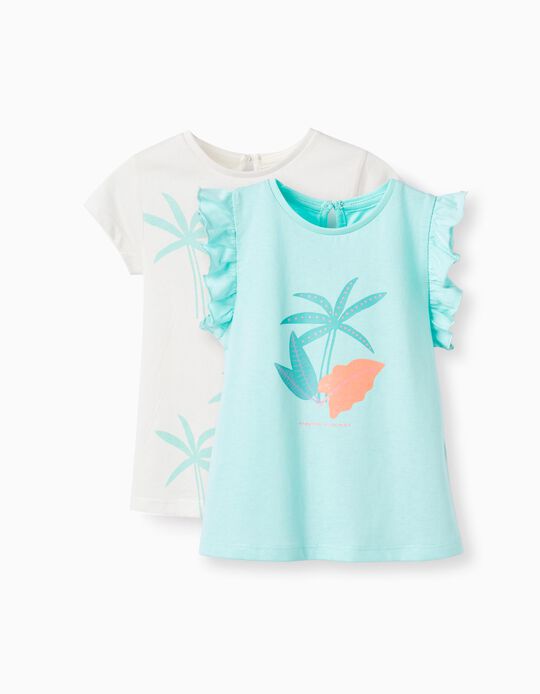 2 Cotton T-shirts for Baby Girls 'Palm Trees', White/Light Green