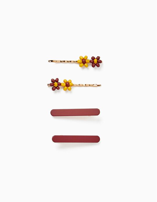 4-Pack Hair Pins + Hair Clips for Babies and Girls 'Flowers', Yellow/Burgundy