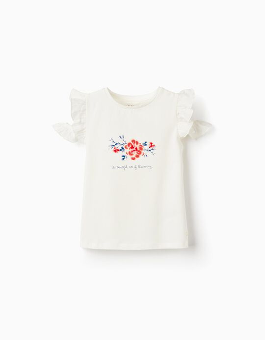 Comprar Online T-shirt de Algodão com Ombros Descobertos para Menina 'Flores', Branco
