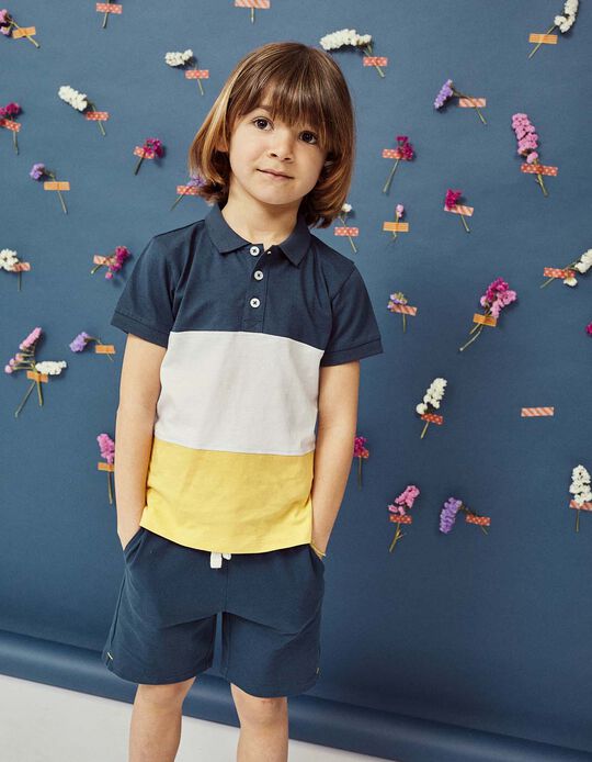Polo-Shirt + Shorts for Baby Boys, Dark Blue/Yellow