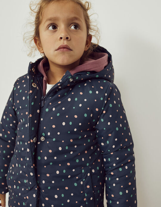 Hooded Jacket with Polka Dots for Girls, Dark Blue