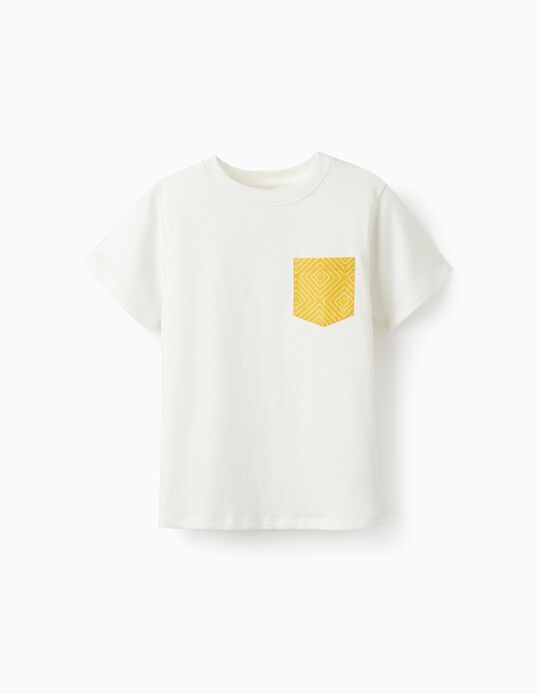 Camiseta de Manga Corta con Bolsillo para Niño, Blanco/Amarillo
