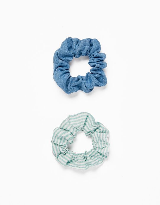 2 Pack Scrunchies for Babies and Girls, Blue/Striped