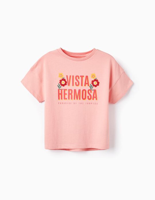 T-shirt De Algodão com Missangas para Menina 'Vista Hermosa', Rosa