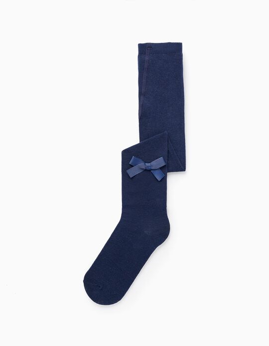 Cotton Tights with Satin Bow for Girls, Dark Blue