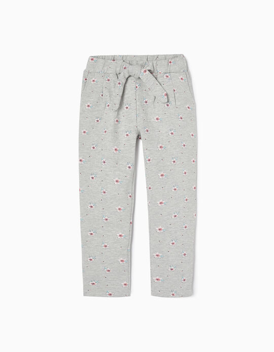 Joggers with Floral Motif for Girls, Grey
