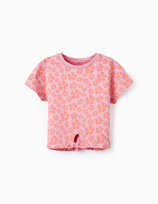 T-Shirt com Nó para Menina 'Floral', Rosa/Amarelo